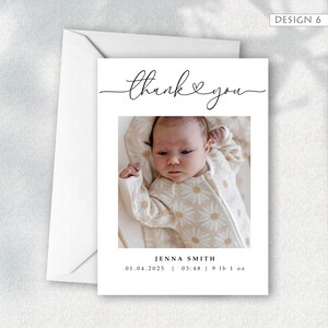 May include: A white thank you card with a baby photo. The card features the text "thank you" in a cursive font. The baby's birth details are listed below the photo: Jenna Smith, 01.04.2025, 03:48, 9 lb 1 oz.