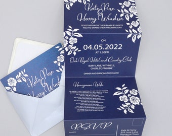 Navy Blue and White Floral Wedding Printed Concertina Invitation Invites