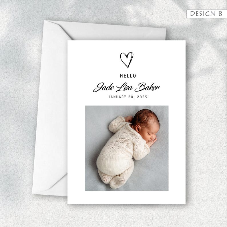 May include: A white card with a baby photo, a hand-drawn heart, and the word "HELLO". The card also includes the name "Jade Lisa Baker" and the date "JANUARY 20, 2025". A white envelope is included.