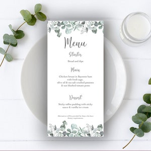 Cartes de menu de mariage Feuillage d'eucalyptus imprimé Marques-places avec nom Menus du dîner Menu du petit-déjeuner de mariage Cartes de visite avec nom