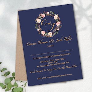 Invitaciones de boda azul marino para el día o la noche Invitaciones impresas