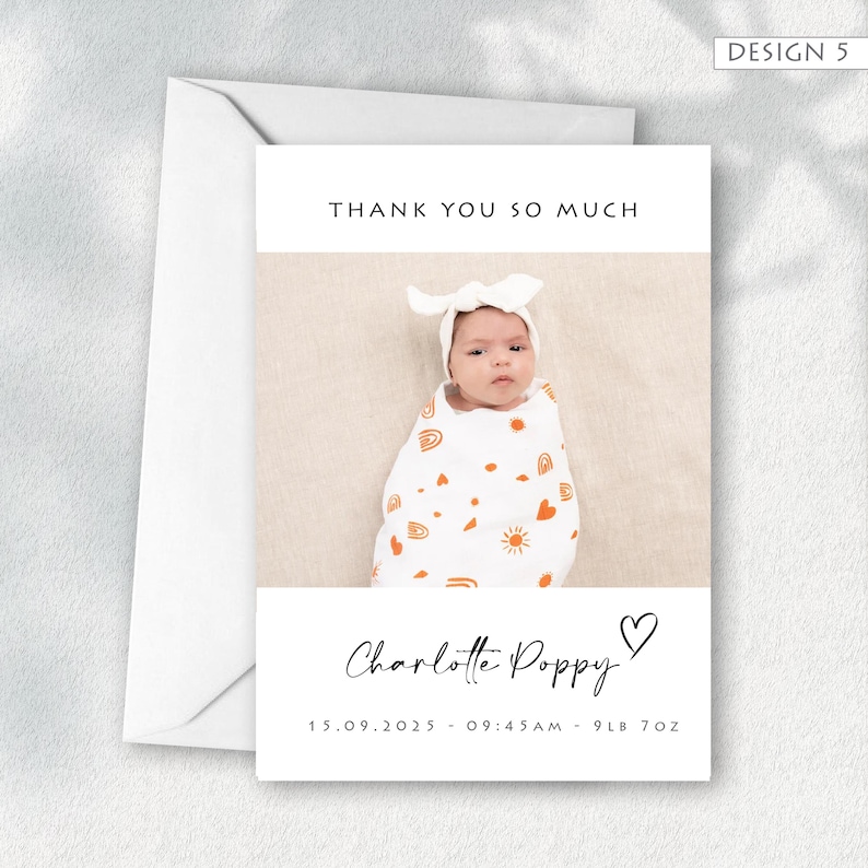 May include: A white card with a baby photo, orange sun and rainbow designs, and the text "THANK YOU SO MUCH." The card also includes the name "Charlotte Poppy," a heart symbol, and birth details: 15.09.2025 - 09:45 AM - 9LB 7OZ.