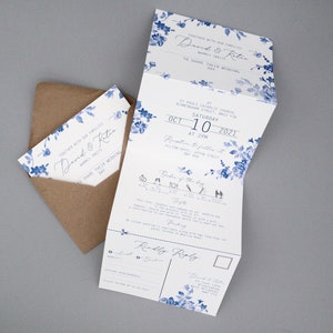 Bloemen marineblauw aquarel bruiloft concertina drievoudig bedrukte uitnodigingsuitnodiging