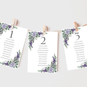 Tarjetas para el plano de la mesa de la boda en tonos lila, morado y eucalipto