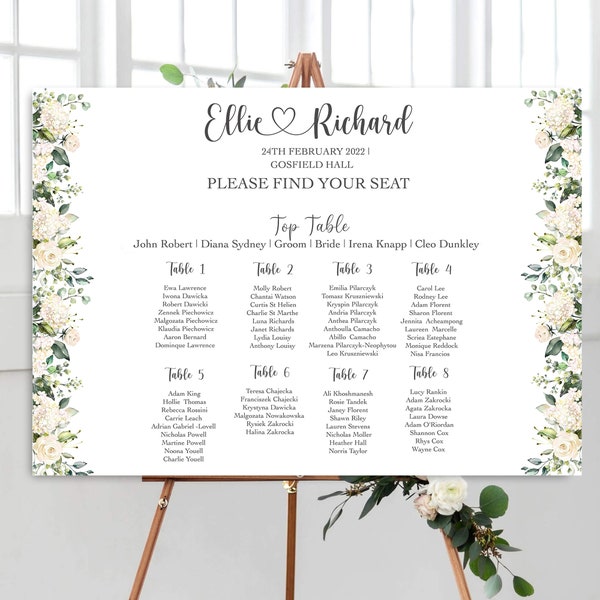 Printed White Rose Foliage Personalised Wedding Table Seating Plan Wedding Breakfast Seating Chart Printed
