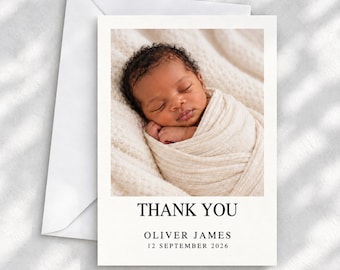Baby Thank You Card with Photo, Minimalist Birth Announcement Stationery, Custom Newborn Picture Note, Personalised Card Flat Or Folded
