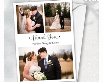 May include: A wedding thank you card with three photos of a couple. The card has the text "Thank You" and "With love Danny & Emma". The card is white with a white envelope and a "Design 3" label.
