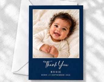 Personalised Photo Baby Thank You Card, Newborn Birth Details Announcement Stationery, Custom Modern Keepsake Printed Notelet, Family Gift