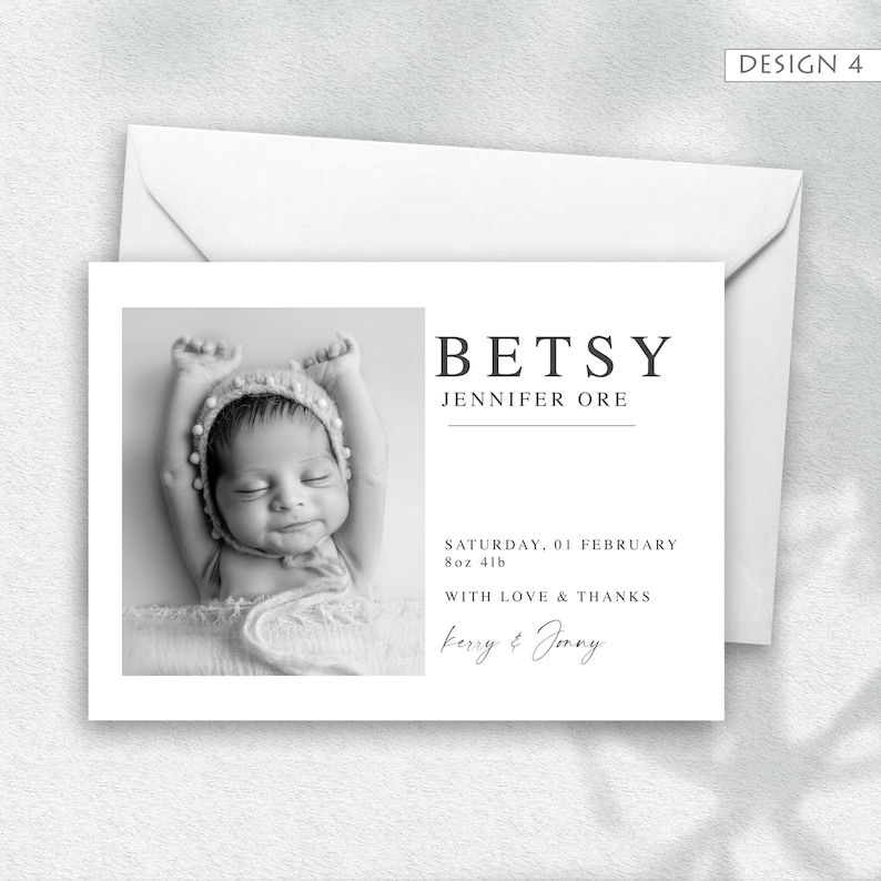 May include: A black and white birth announcement card with a photo of a newborn baby wearing a bonnet. The card includes the baby's name, parents' names, and birth details. The card is accompanied by a white envelope.