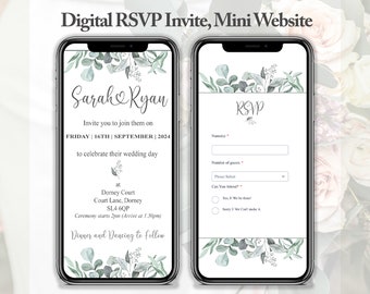 Digitale Hochzeitseinladung | Online-RSVP | Website-Link | Grüner Eukalyptus | Rustikal modern | Personalisierte elektronische mobile Einladung