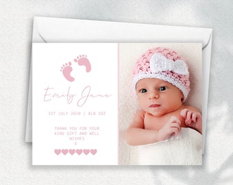 Girls Thank You Card With Photo, Personalised Thank You Cards, Baby Thank You Card Pack, New Baby Card, Birth Announcement, Childrens Thanks