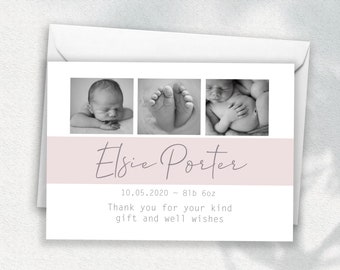 Baby Girl Personalised Thank You Card With Photo, Baby Thank You Card Pack, New Baby Card, Birth Announcement