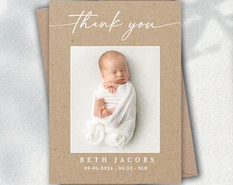 Personalised Vintage Baby Thank You Cards with Photo, Birth Announcement Card Pack, Custom New Baby Thank You Notes