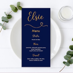 Cartes de menu de mariage élégantes imprimées bleu marine et or Menus de dîner Menus de petit-déjeuner de mariage Cartes de marque noms