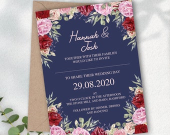 Vintage Navy Rose Wedding Invitations Invites, RSVP Cards