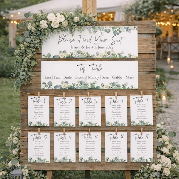 Wedding Seating Chart, Eucalyptus and White Rose Seating Plan Cards, Personalised Wedding Table Plan, Printed Reception Seating Sign