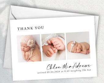May include: A white card with the text "THANK YOU" and three photos of a newborn baby. The baby is wearing a hat and a headband with a flower. The card also includes the baby's name, arrival date, time, and weight: 7lb 3oz.