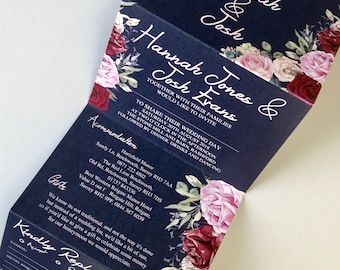 Vintage Floral Navy Blue and Rose Wedding Printed concertina Invitation Invites