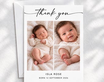 Baby Thank You Card with Photo Collage, Custom Newborn Birth Announcement Stationery, Minimalist Modern Infant Note, Personalised Custom