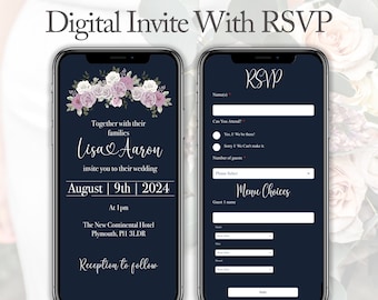 Navy Blue and Pink Rose | Digital Wedding Invitation | Online RSVP | Website Link | Personalized Electronic Mobile Invite