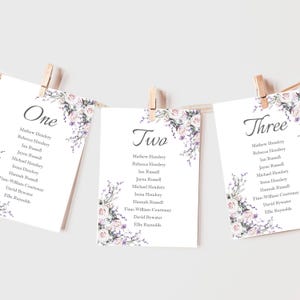 Lila lavendel wilde bloemen bruiloft tafelplattegronden, individuele banket stoelen plattegronden, bruiloft ontbijt zitplaatsen tabel