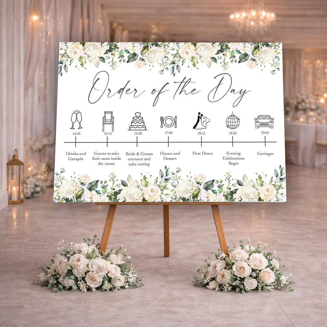 Sign Order Reception Wedding Order of the Day Sign, White Rose Wedding Sign, Personalised ...