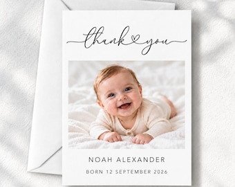 Personalised Baby Thank You Card, Custom Birth Announcement Photo Greeting, Printed Name Gratitude Note, Newborn Arrival Stationery