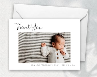 Eenvoudige gepersonaliseerde nieuwe baby bedankkaarten, geboorteaankondiging met foto