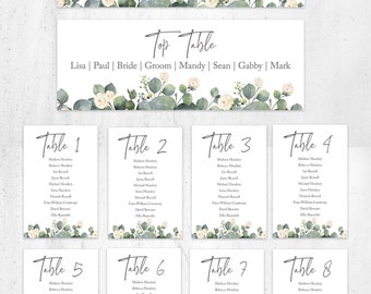 Wedding Table Plan Cards Eucalyptus and White Rose