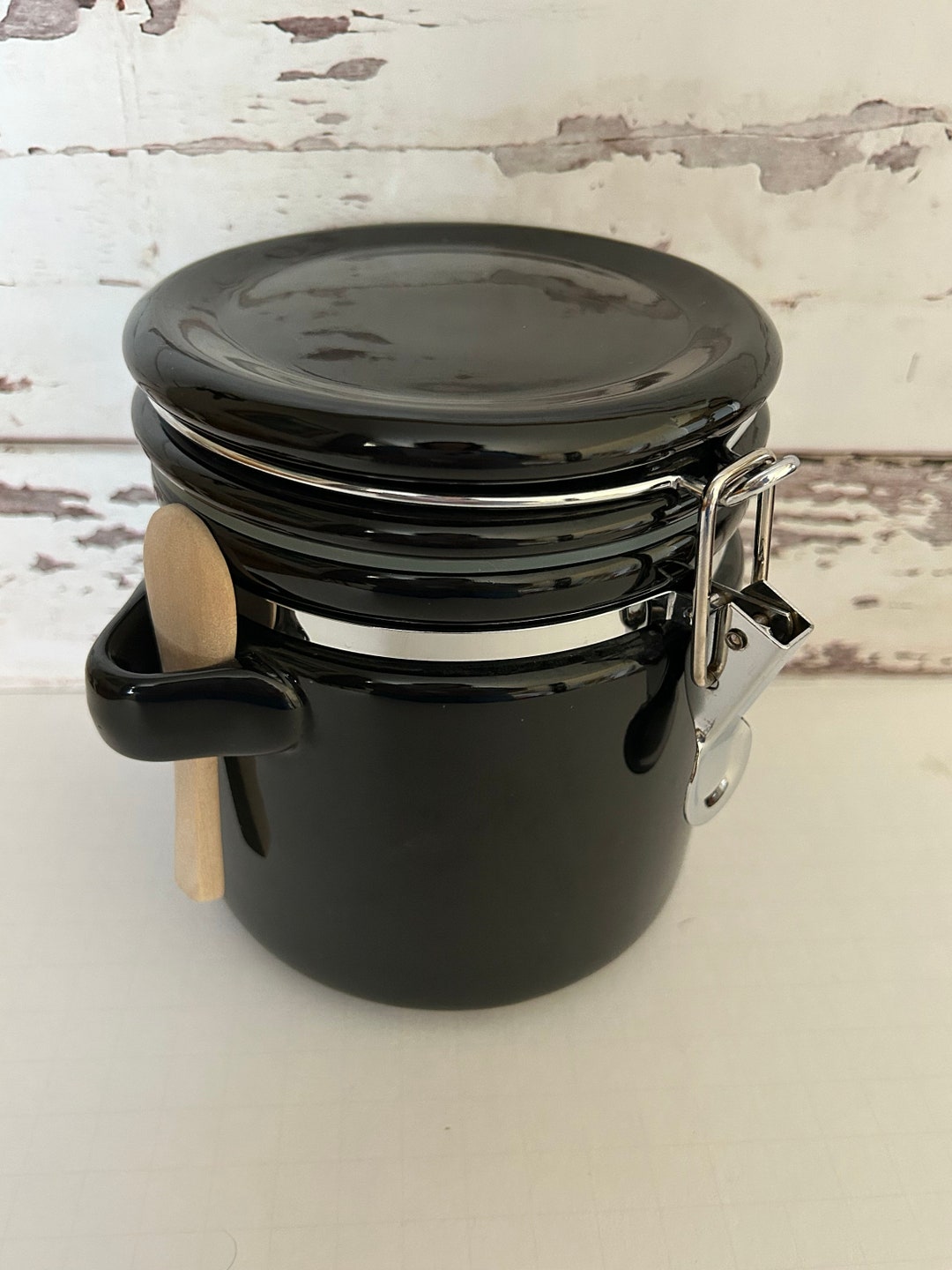 Vintage Black Canister With Wooden Spoon Airtight Etsy
