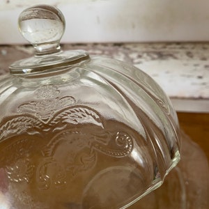 Peut inclure: Cloche en verre transparent avec un motif floral d&eacute;coratif. La cloche a un bouton sur le dessus et une forme de d&ocirc;me arrondie.