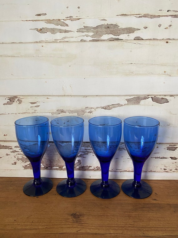 Vintage 4 Cobalt Blue Wine/water Glasses Hand Blown Etsy