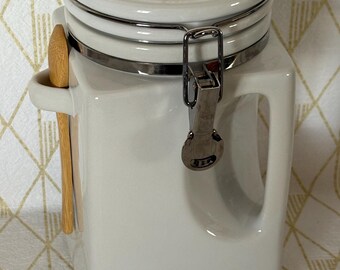 Vintage 8” airtight white ceramic square corner canister with wooden spoon