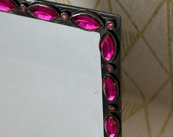 Vintage 4”x6” metal finish with fushia pink rhinestones photo frame
