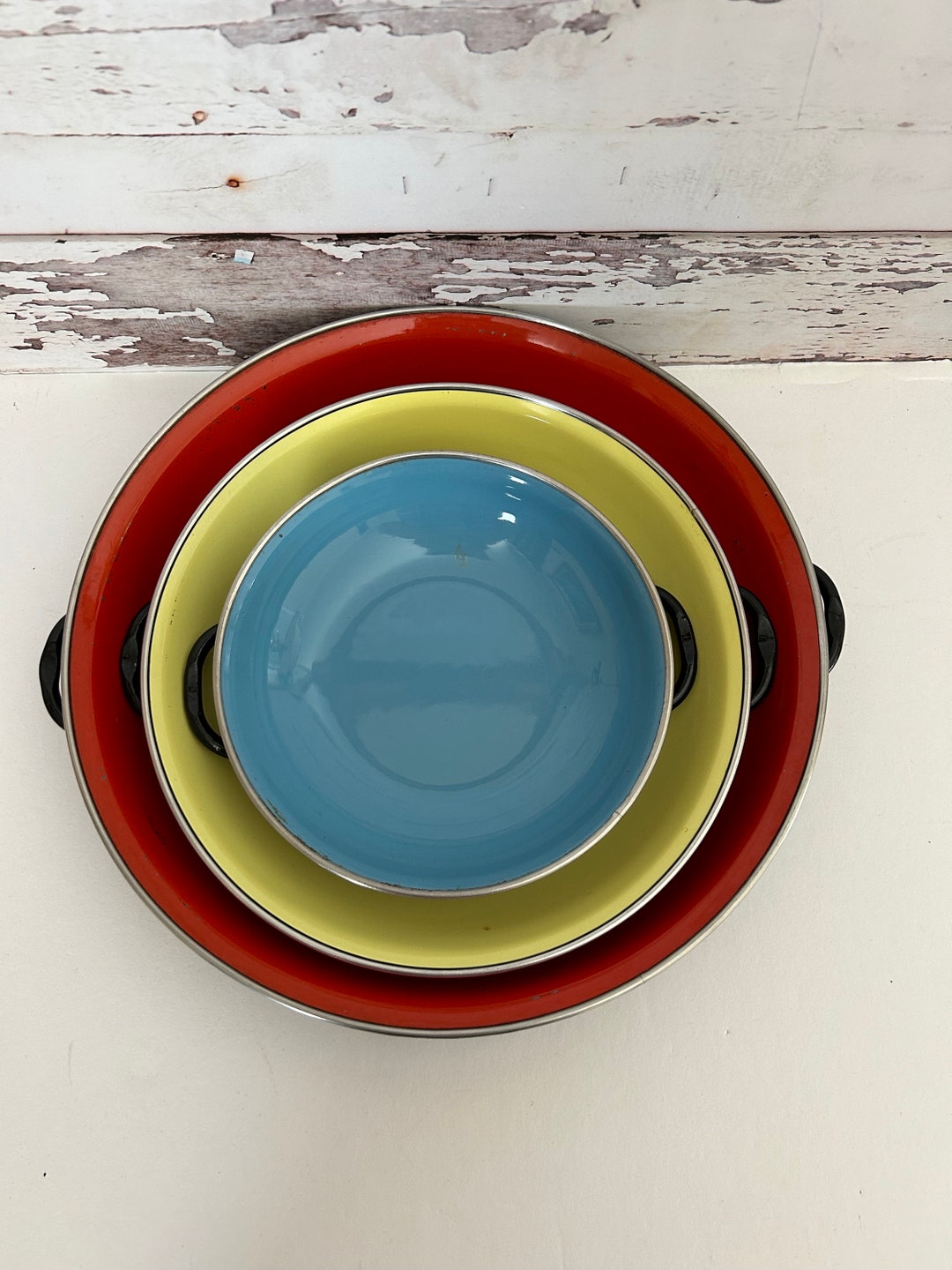 Vintage 3 Yugoslavia Enamel Pans Orange Yellow Blue Etsy