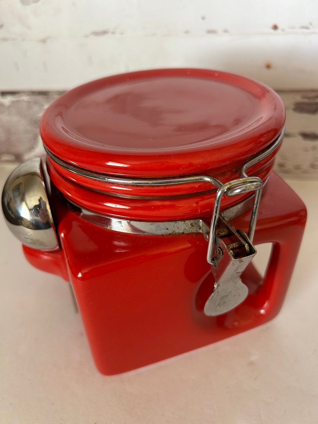 Vintage Airtight Red Ceramic Canister With Metal Spoon Corner Jar - Etsy