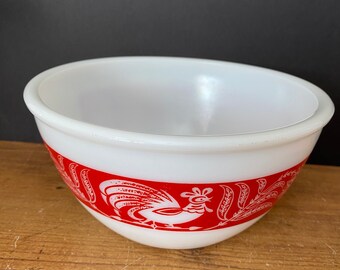 Vintage Hazel Atlas Red Rooster Chicken Band Mixing Nesting Bowl