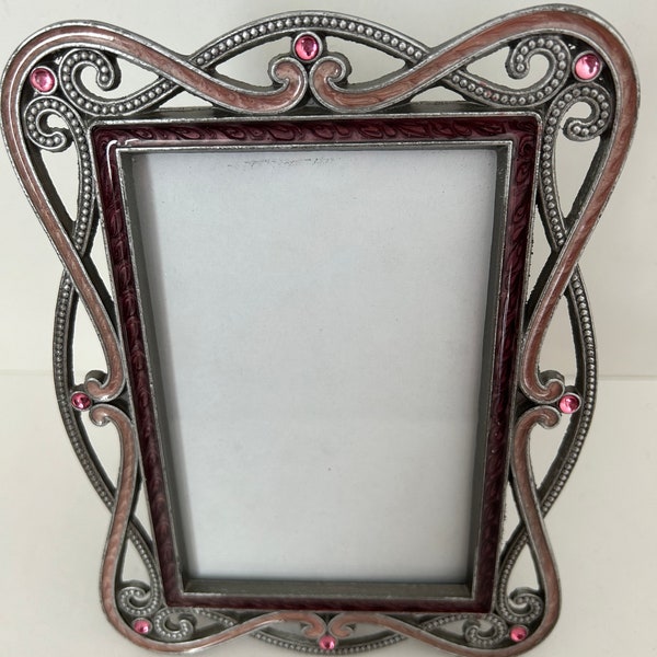 Vintage 4”x6” pewter finish with pink rhinestones photo frame