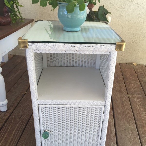 Vintage Wicker cabinet with original tempered glass and brass shabby chic bathroom small apartment farmhouse cottage