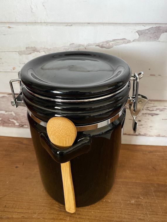 Vintage Airtight Black Ceramic Canister With Wooden Spoon Etsy