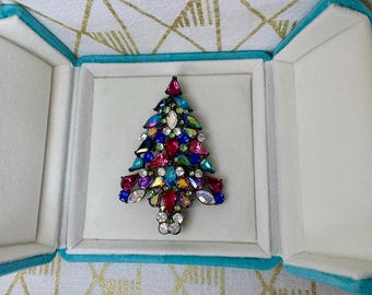 Christmas Gift with velvet box sparking aurora rhinestone Christmas tree pin Ready to ship