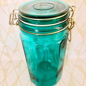Vintage airtight rare turquoise canister glass jar