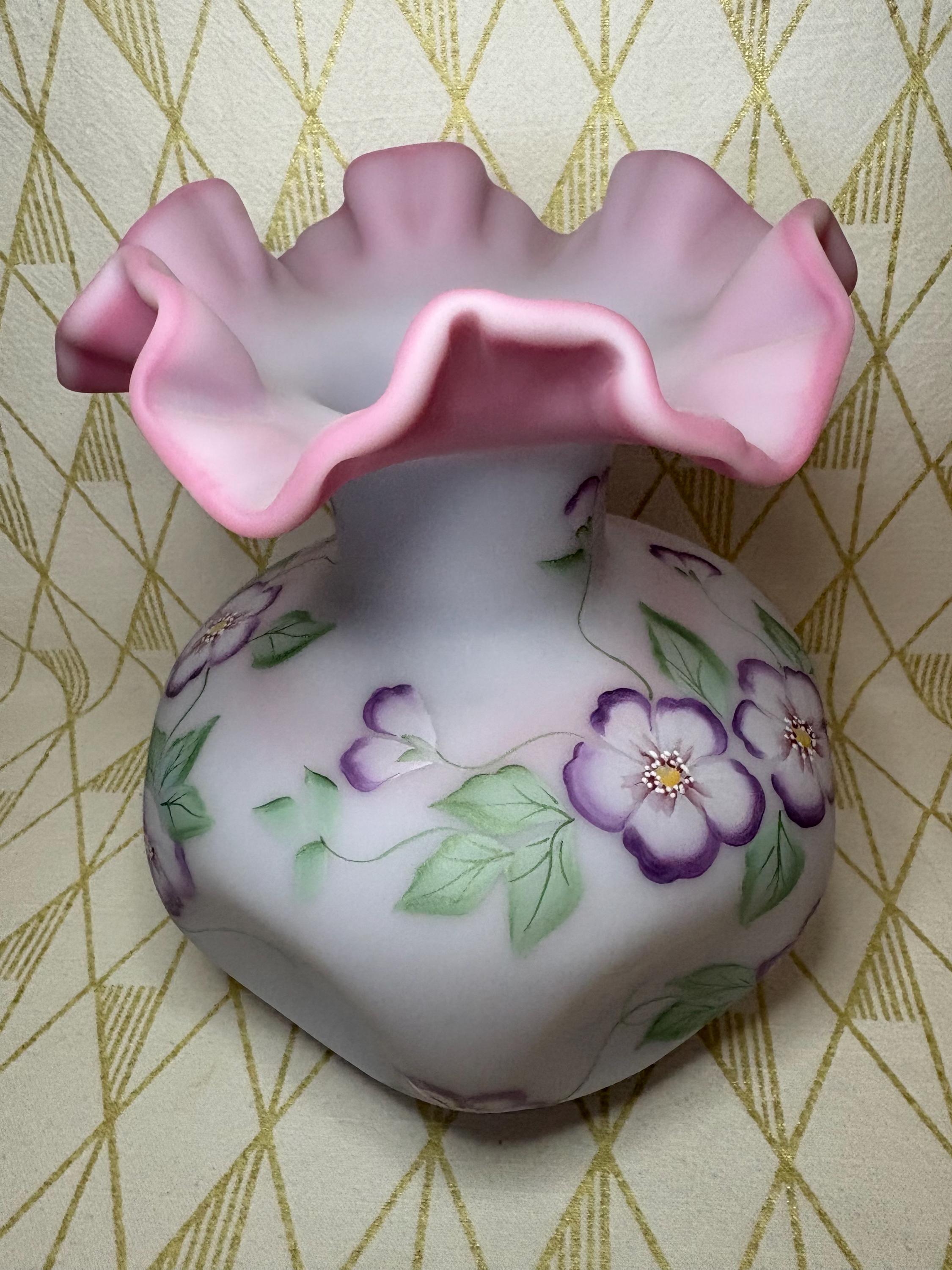 Vintage Fenton Burmese Handpainted by Michelle Kibbe with flowers vase