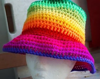 Crocheted Rainbow bucket hat multi coloured striped boho hippy gay pride ladies brimmed Beanie hat