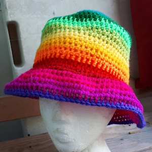 Crocheted Rainbow bucket hat multi colour striped boho hippy pride ladies brimmed Beanie hat
