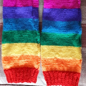 hand knitted Rainbow Leg Warmers Arc en Ciel striped pride footless socks boot toppers retro 1980s fame disco dancewear