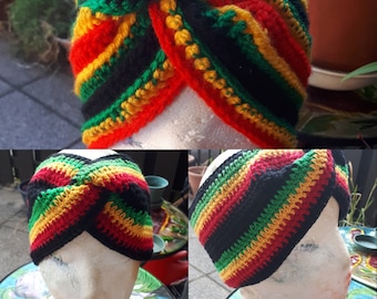 Crocheted Rasta headband reggae hairband top knot turban sweatband twist earwarmers ear muff