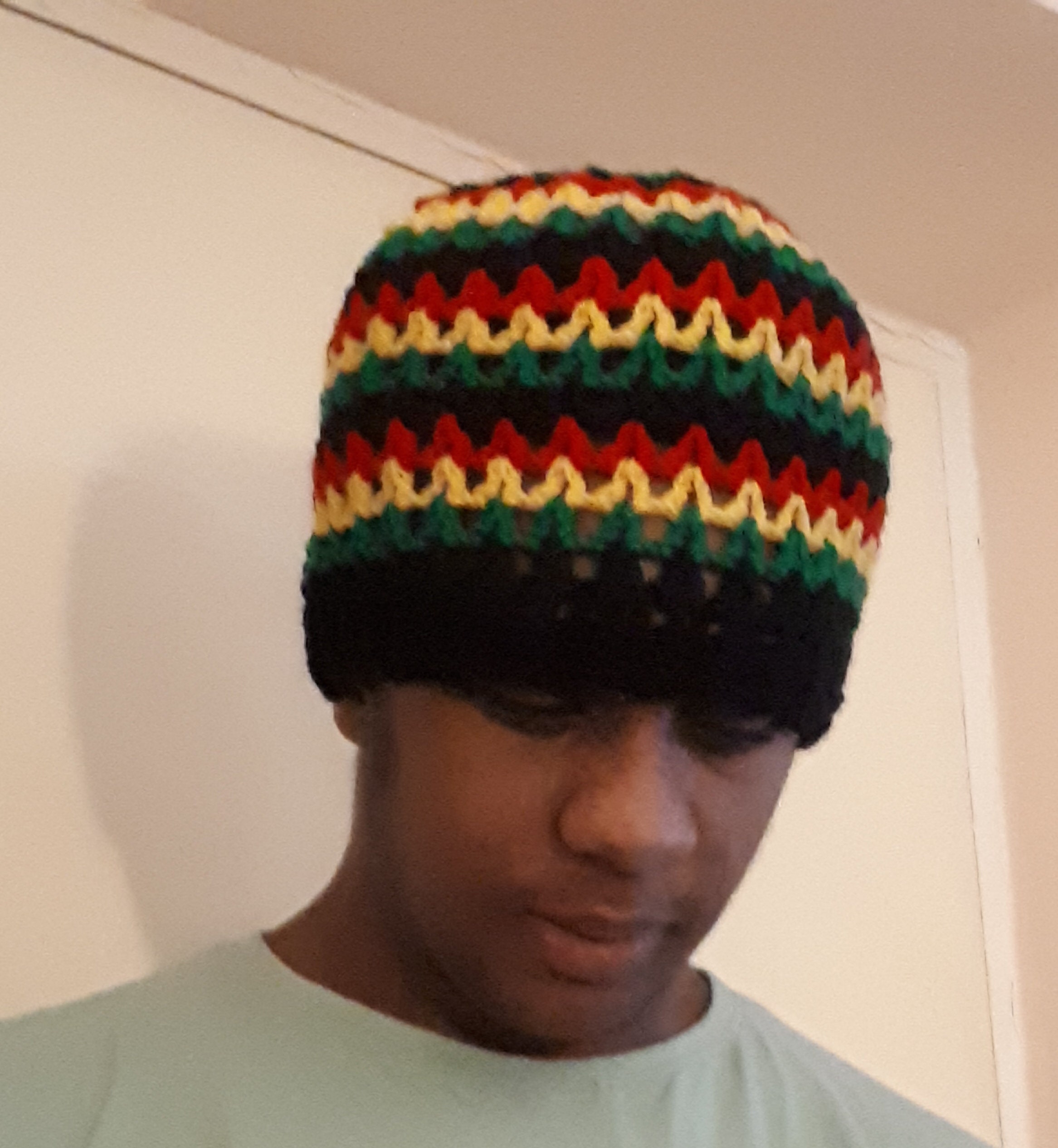 Crocheted Rasta Rainbow Zag Stripe Beanie Hat Stretchy V Stitch