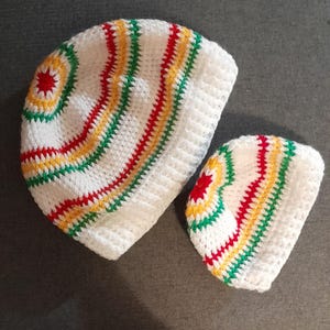 Crocheted Rasta stripe beanie hat stretchy Tea cosy reggae Jamaica Ethiopia white tam cap beret adults babies childs