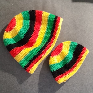 Crocheted Rasta stripe beanie hat beret reggae slouchy Tam T tea cosy adult baby infant cap